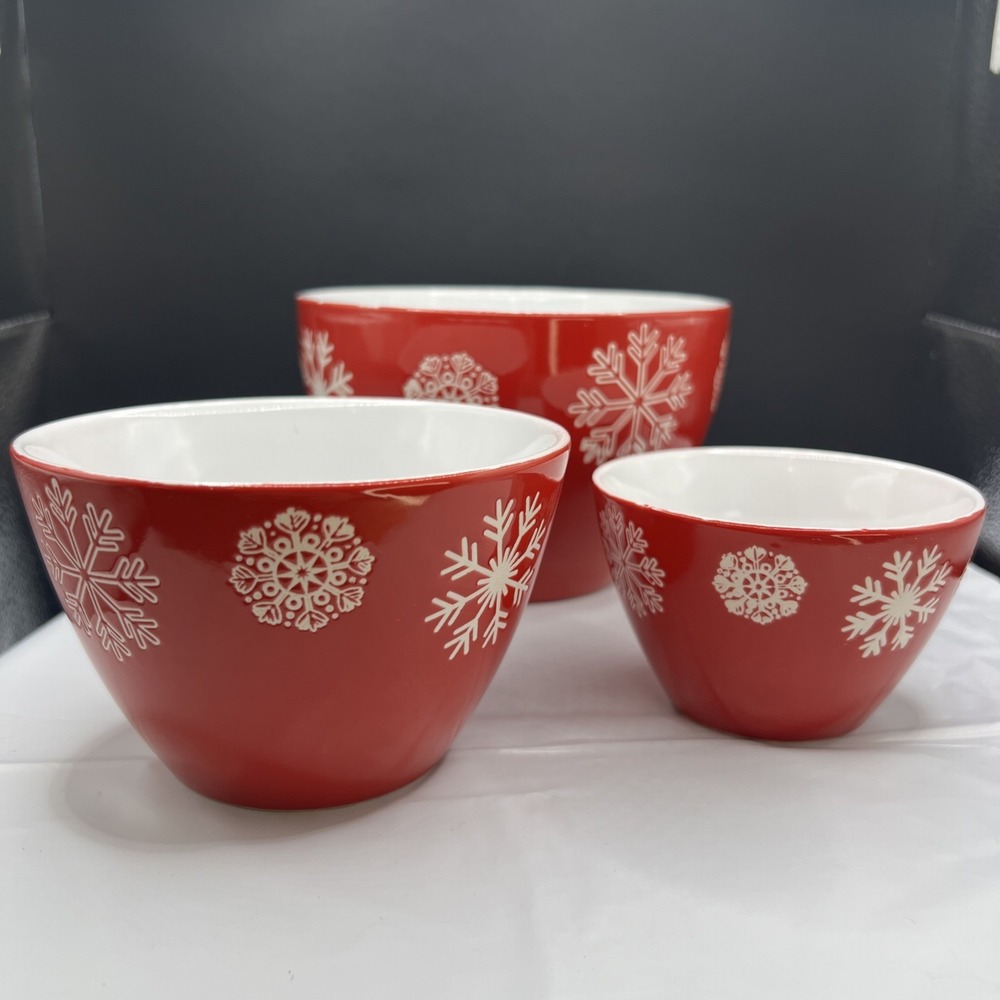 Set of 3 Always Home Nesting Holiday Season Bowls, Red with White Snowflakes